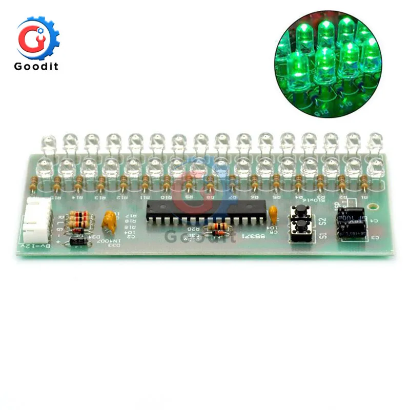 VU Meter Level Indicator Amplifier Board Dual Channel 16 LED MCU Adjustable Display Pattern LED Green Color