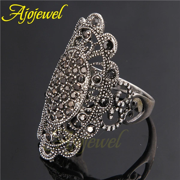 Ajojewel Unique Vintage Jewelry Black Rhinestone Big Rings For Women Ancient Silver Color Female Crystal Party Gift