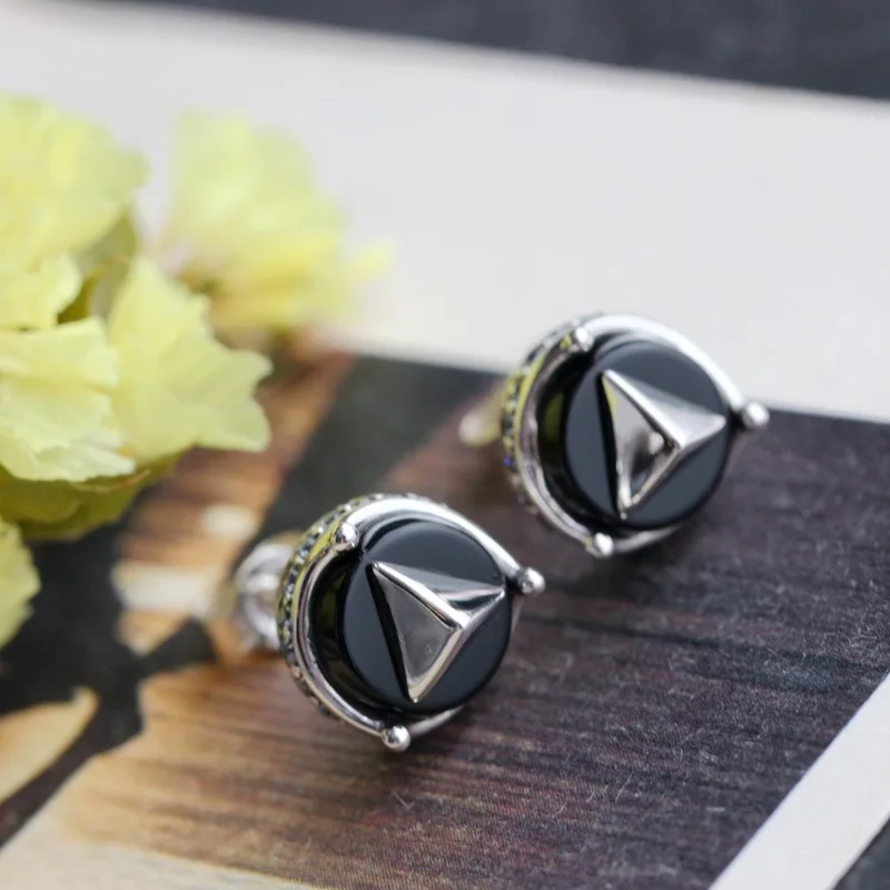 Natural black agate earrings non-mainstream men's simple round 925 sterling silver earrings factory direct free shipping