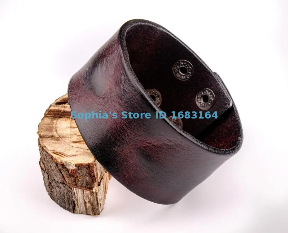 HD01 Black /Brown Cool Vintage Retro Mens Surfer Plain 3.8 cm Wide Biker Punk Leather Bracelet Wristband Wide Cuff 7.5~8.25\