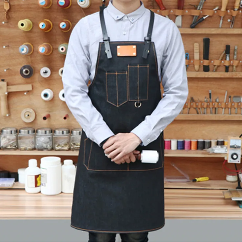 Black Denim Apron Crossback Leather Strap Barista Baker Cafe Pastry Chef Uniform Florist Barber Painter Gardener Work Wear K42B