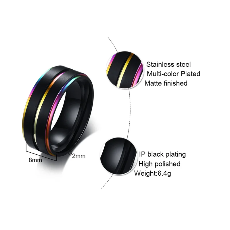 Meaeguet Trending Lucky Rainbow Rings For Men Daily Wear Stainless Steel Rings Gay Lesbian Wedding Bands 8mm USA Size