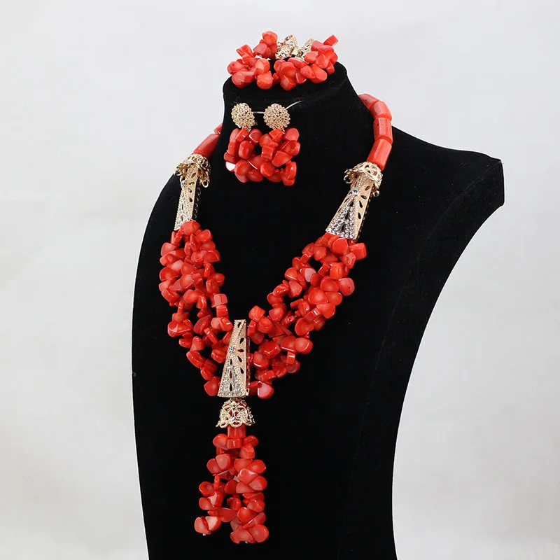 Cheap African Real Coral Latest Nigerian Wedding Coral Statement Necklace Set Bridal Jewelry Dubai Gold Beads Jewelry Set ABH671