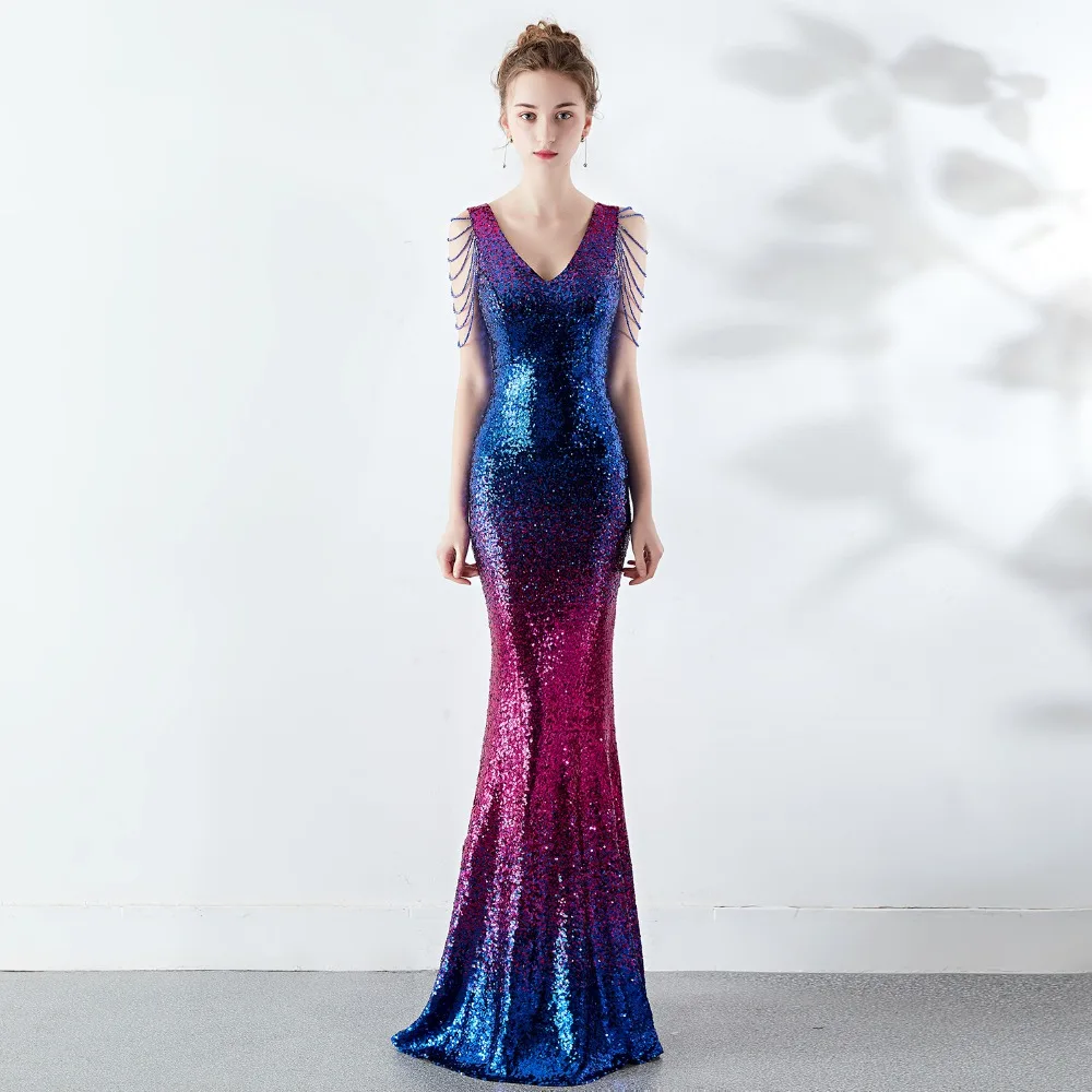 

Corzzet Blue Gradient Sequin Crystal Diamond Chain Sexy V-neck Mermaid Dress Evening Party Club Wear Prom Women Formal Dresses