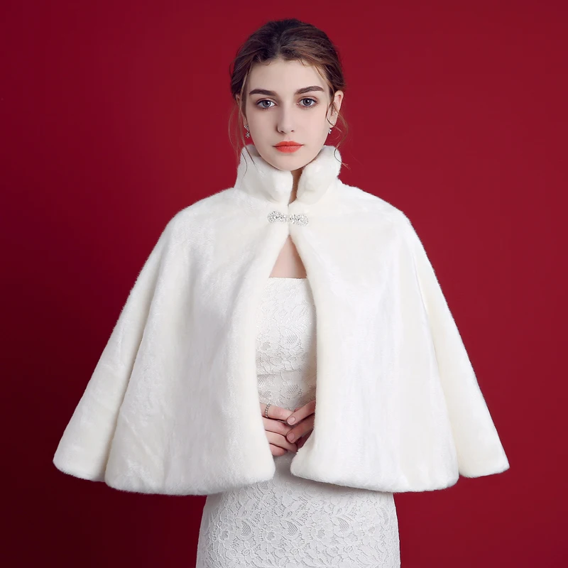 JaneVini Ivory Winter Bridal Hood Cape High Neck Faux Fur Shawls for Wedding Women Warm Wraps Jackets Evening Party Accessories