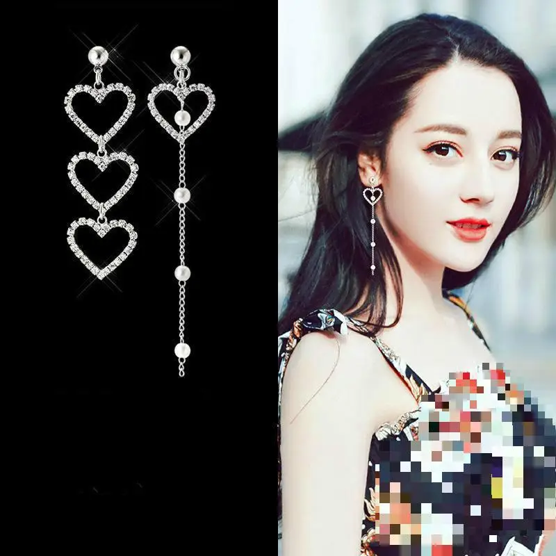 Korean Girl Heart-shaped Asymmetric Earrings Simple Wild Rhinestone Pearl Chain Earrings Jewelry Oorbellen Long Earrings Brincos