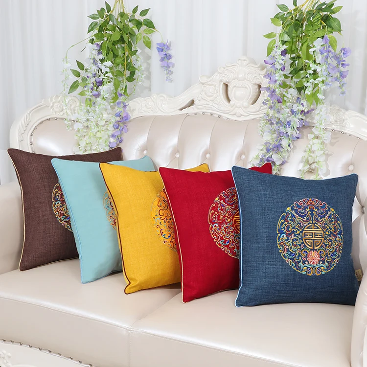 Custom Chinese Joyous Fine Embroidery Cushion Cover Christmas Cotton Linen Pillowcase Home Decor Sofa Chair Lumbar Pillow