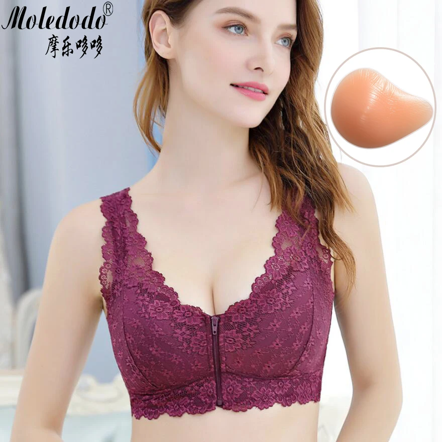 

Silicone Breast Forms and 95C Front Zipper Open Mastectomy Bra Artificial Spiral Breast Fake Breast Prosthesis Purple Bra D40