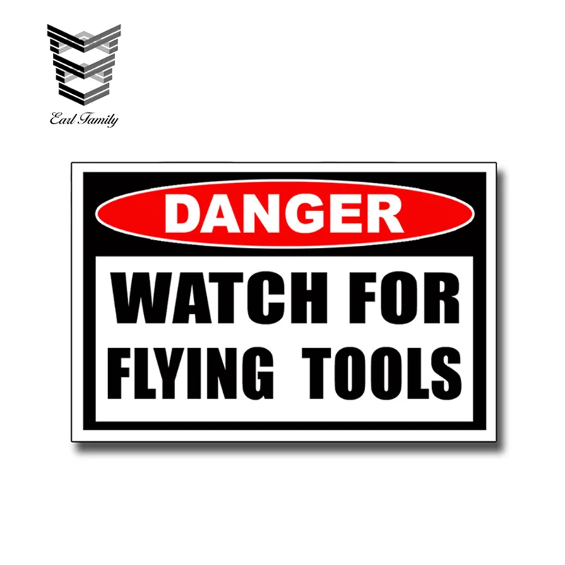 EARLFAMILY 13cm X 8.6cm Watch for Flying TOOLS Vinyl Sticker Decal Graphic Tool Box Warning Danger Car Window Trunk Wall Decor