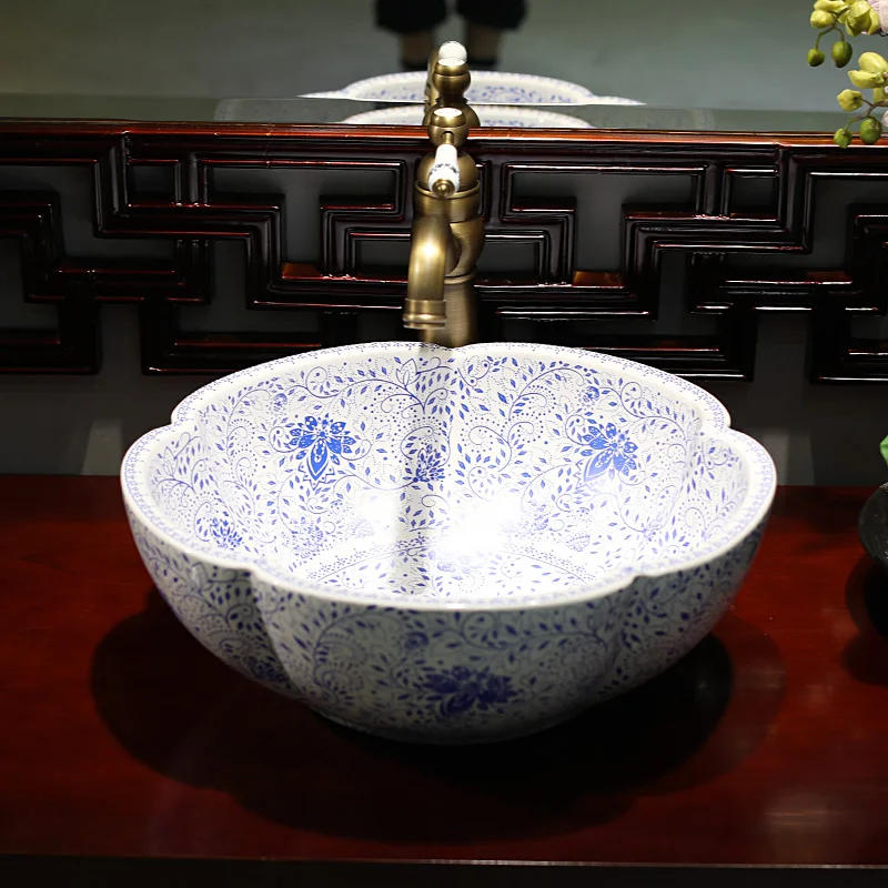 

Chinese Glazed Art Counter Top ceramic bathroom sinks wash basin porcelain vintage vanity sink flower blue white