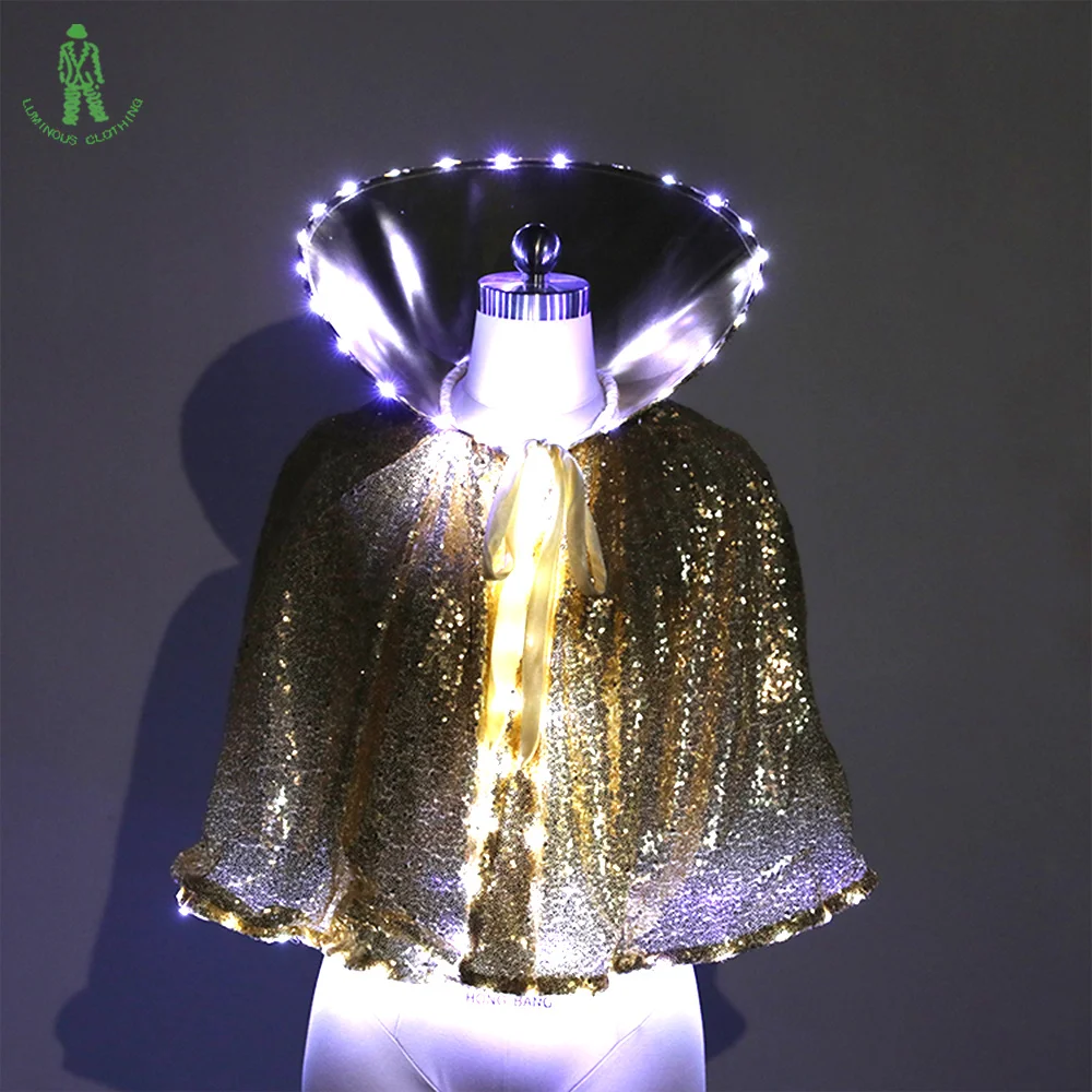 Free Shipping Luminous Costume Short Mantle LED Lighting Flash Sequins Cape For Club Party Stage Dancer Beauty Contest Wear