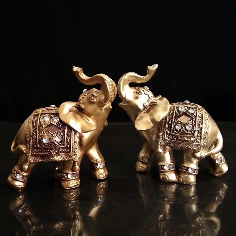 

2pcs Feng Shui resin elephant Figurines Lucky Golden elephant Statues Wealth Figurine Crafts Living room Ornaments