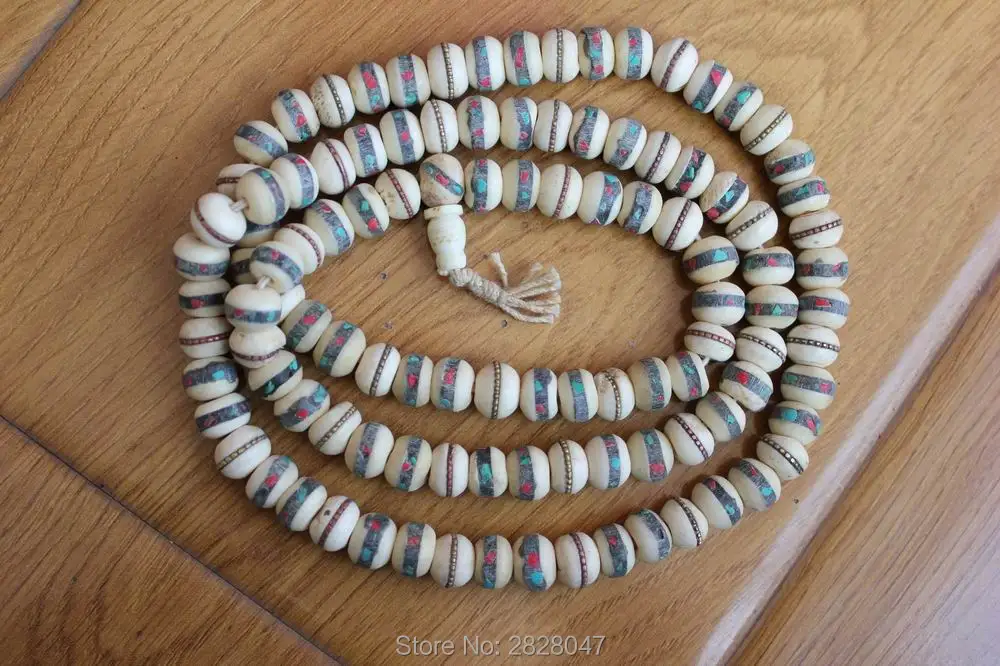 ML018 Vintage Tibetan 108 Bone Prayer Beads Mala Handmade Nepal 11mm*9mm Bone Inlaid Colorful Stone Prayer Necklace Mala