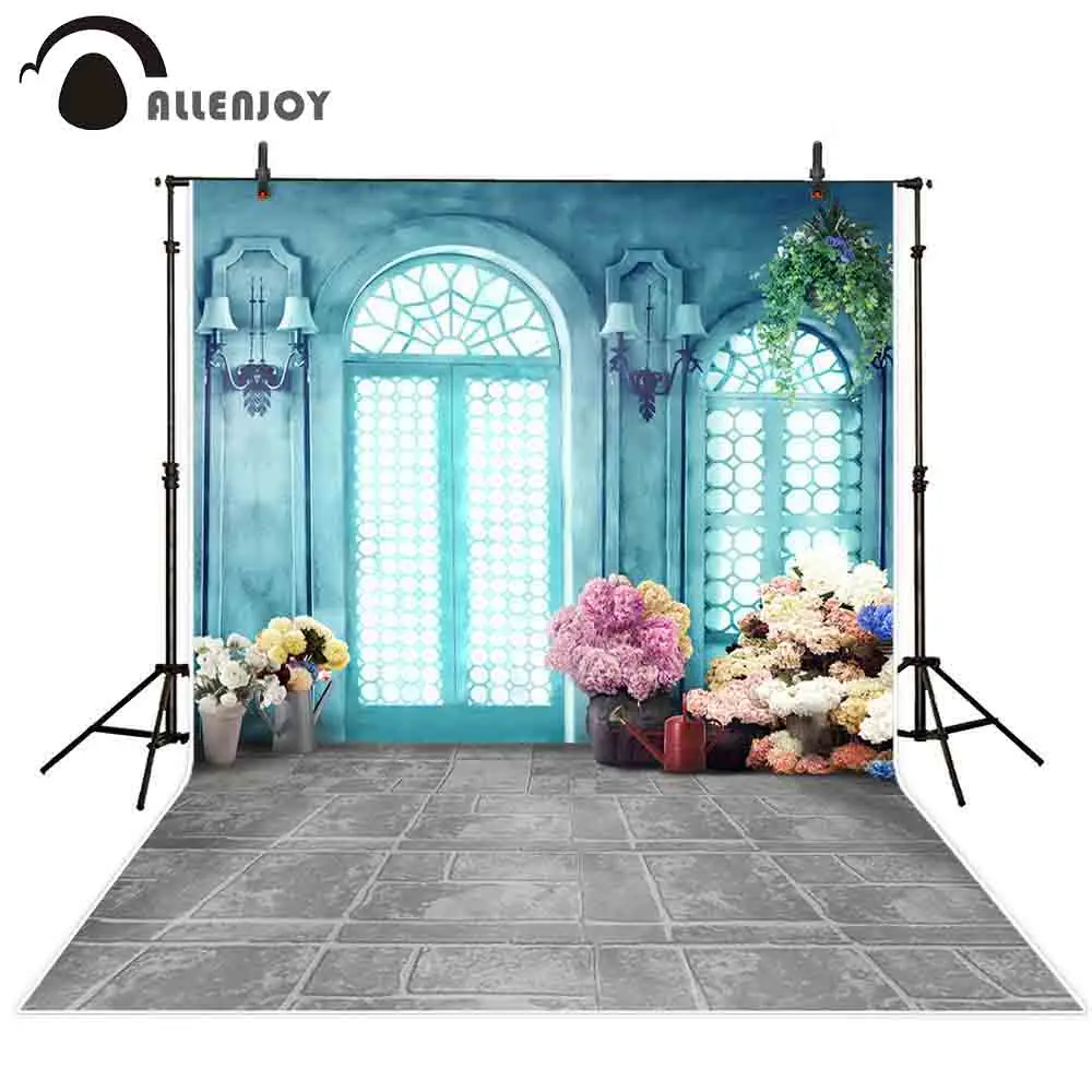 

Allenjoy backdrops photophone blue wall Interior vintage arched door flowers gray floor spring photocall background photophone