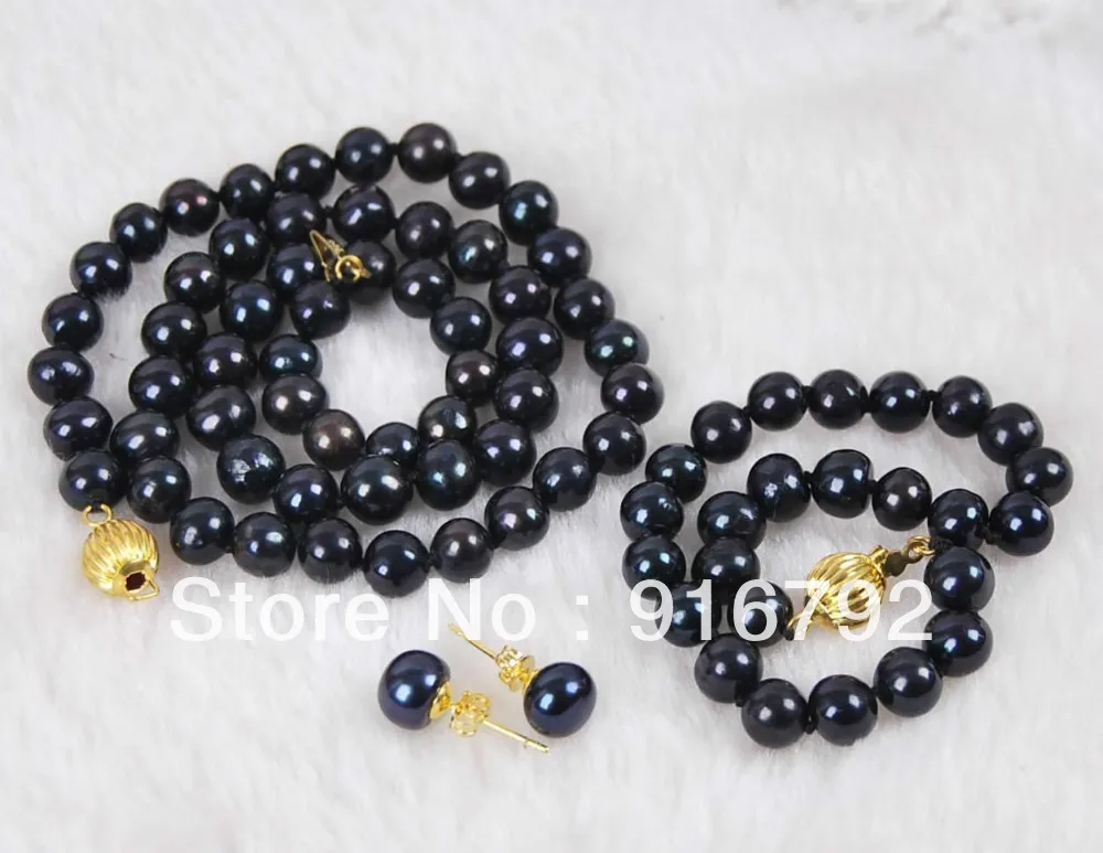 free shipping 9mm Black Akoya Cultured Pearl Necklace Bracelet Earrings Set AA