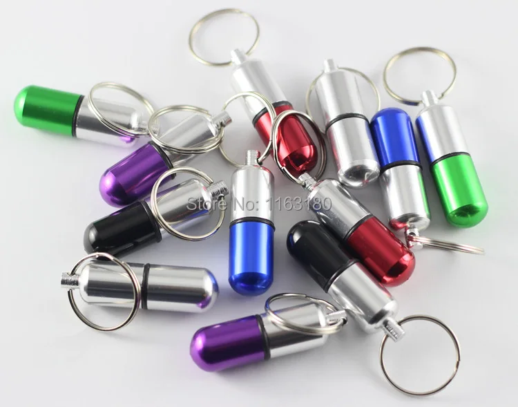 1000 pcs/lot mini alumnium pill box container holder keychain promotion gift case keyring free shipping