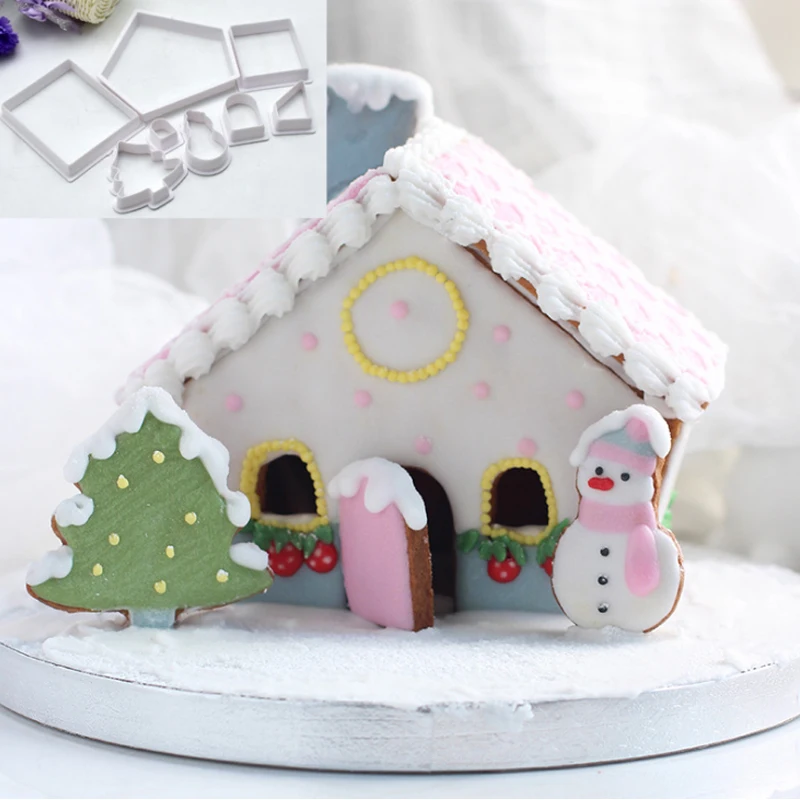 

8pcs Christmas Cookie Cutter Set Snowman Tree House Plastic Biscuit Mould Cake Fondant Baking Tools