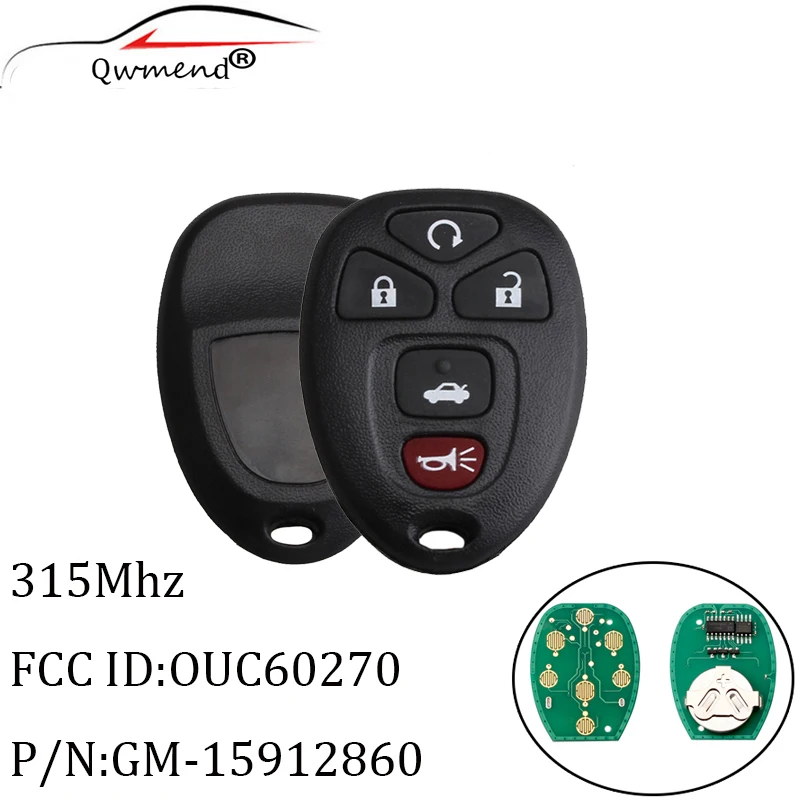 

QWMEND 5Buttons Remote Car key For OUC OUC60270 15912860 315Mhz For Chevrolet Impala 2006-2013 Fob