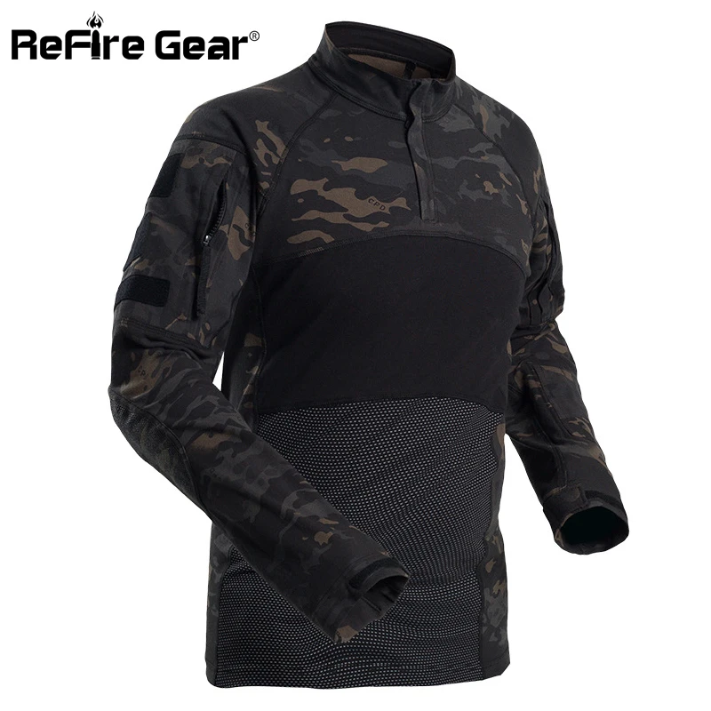 ReFire Gear Tactical Combat Shirt Men Cotton Military Uniform Camouflage T Shirt Multicam US Army Clothes Camo Long Sleeve Shirt