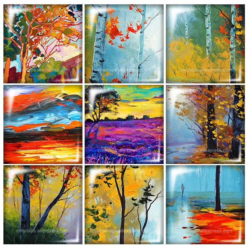 

FB0315 Oil paintings scenery Trees 10pcs mixed 12mm/20mm/25mm/30mm Square photo glass cabochon demo flat back Making findings