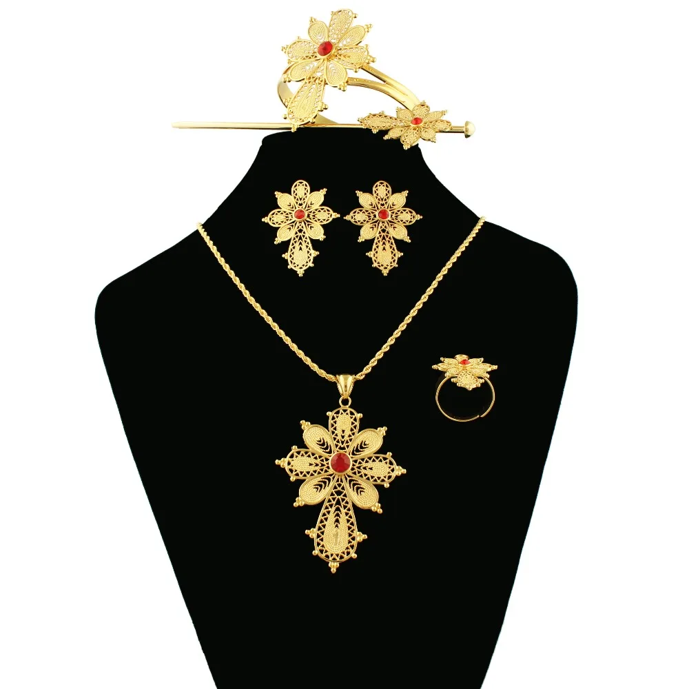 

Newest Ethiopian Cross Flower African bridal jewelry set Necklace /Pendant/Bangle/Earring/Ring/Hairpin Gold Brand Jewelry