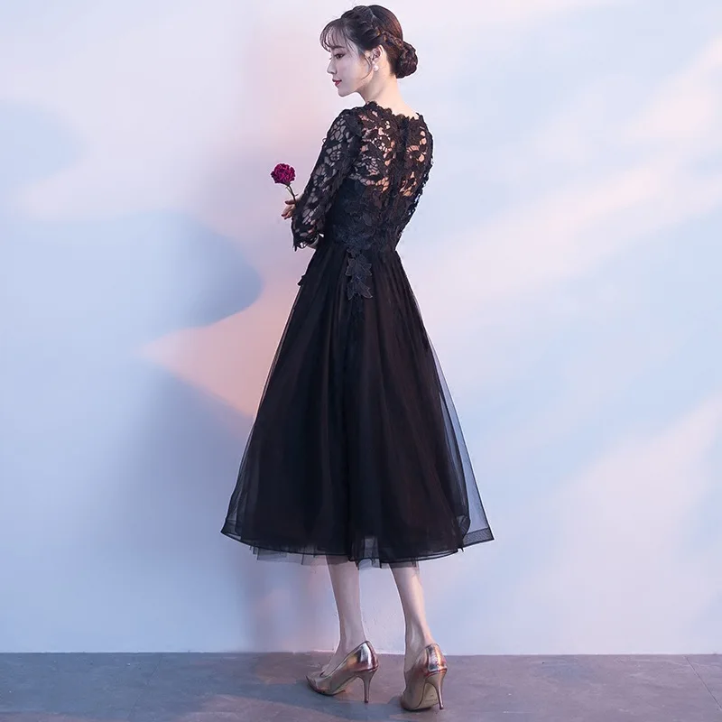 Banquet Bridesmaid Dresses 2019 New Fashion Elegant Wedding Party Dresses Black Half Sleeve Illusion O-neck Knee Length