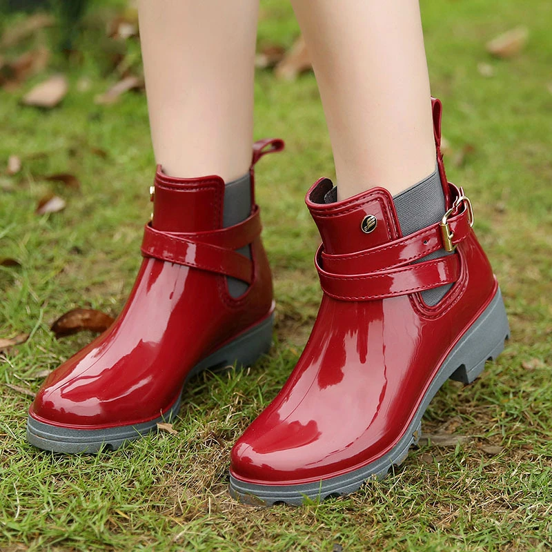 lady PVC Ankle Rain Boots Shoes Women Waterproof Short tube bright face ladies PVC elastic rubber shoes U-shaped water shoes