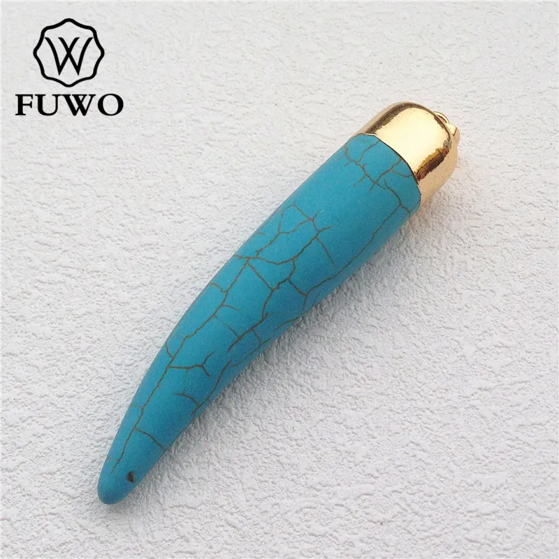 

FUWO Wholesale Long Horn Turquoises Pendant,Golden Plated Blue Howlite Boho Jewelry For Necklace Making 5Pieces/Lot PD019