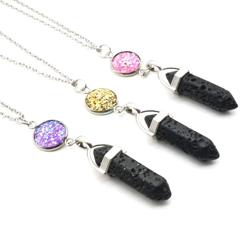 12  Drusy Druzy Hexagonal Prism Black Lava Stone Aromatherapy Essential Oil Perfume Diffuser Necklace Jewelry Stainless Chain