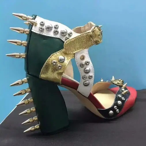 2020 Patchwork Chunky Heel sandały gladiatorki kobiety Sexy z wystającym palcem Studded klamra nit szpilki Sandalias Fashion Party sandały