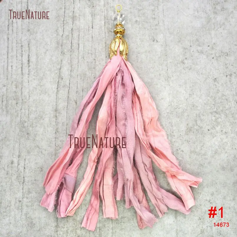 Pink Sari Silk Tassel Tulip Cap Ribbon Pendant Boho Chic Jewelry PM14660