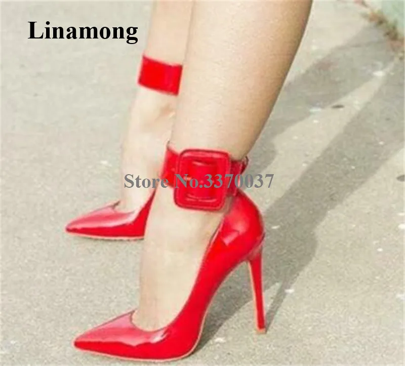 

Women Charming Sexy Pointed Toe Patent Leather Stiletto Heel Red Pumps Big Buckle Decorated Super High Heels Wedding Heels Shoes