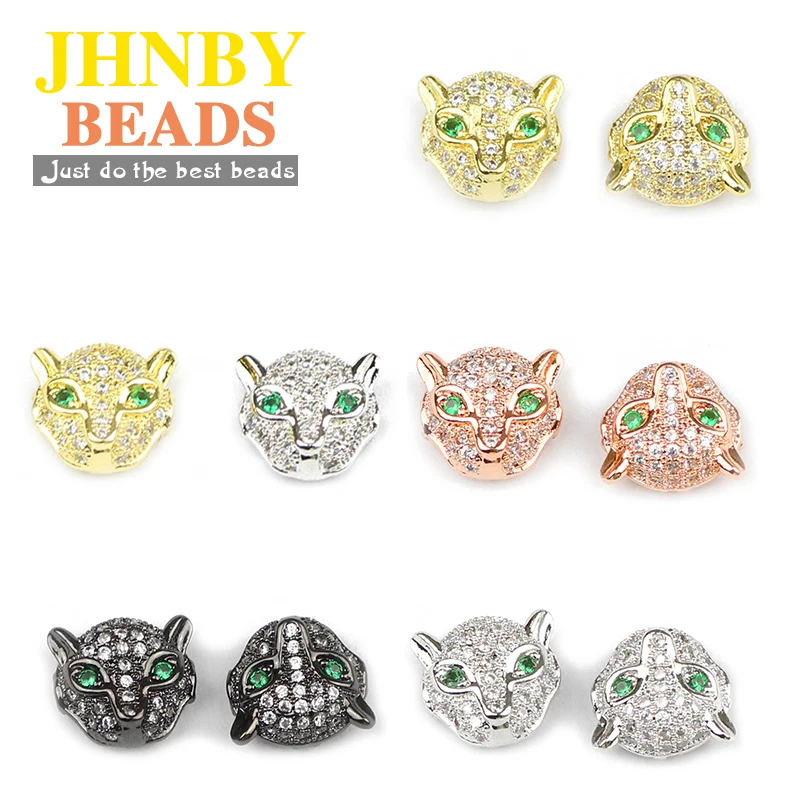 JHNBY 4pcs Leopard Head Copper Spacer Beads Micro Pave White Zircon Charms Loose Beads For Jewelry Bracelets Making DIY Findings