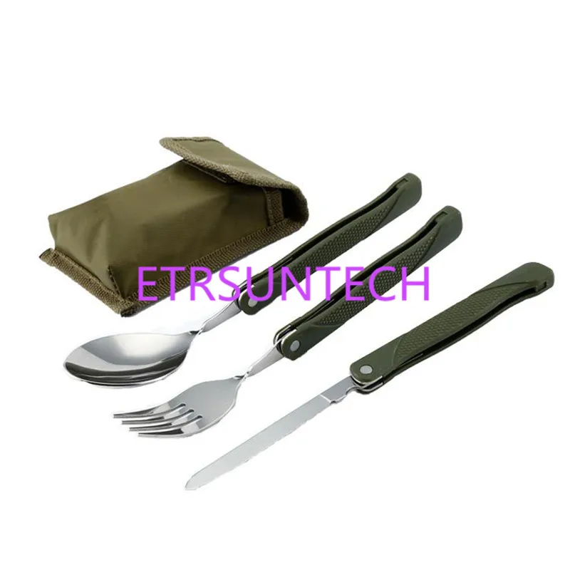 Army Green Folding Portable Stainless Steel Camping Picnic Cutlery Knife Fork Spoon Bottle Opener Flatware Tableware Travel Kit