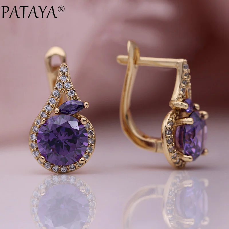 PATAYA New Women Fine Noble Horse Eye Dangle Earrings 585 Rose Gold Color Round Blue Natural Zircon Wedding Cute Fashion Jewelry