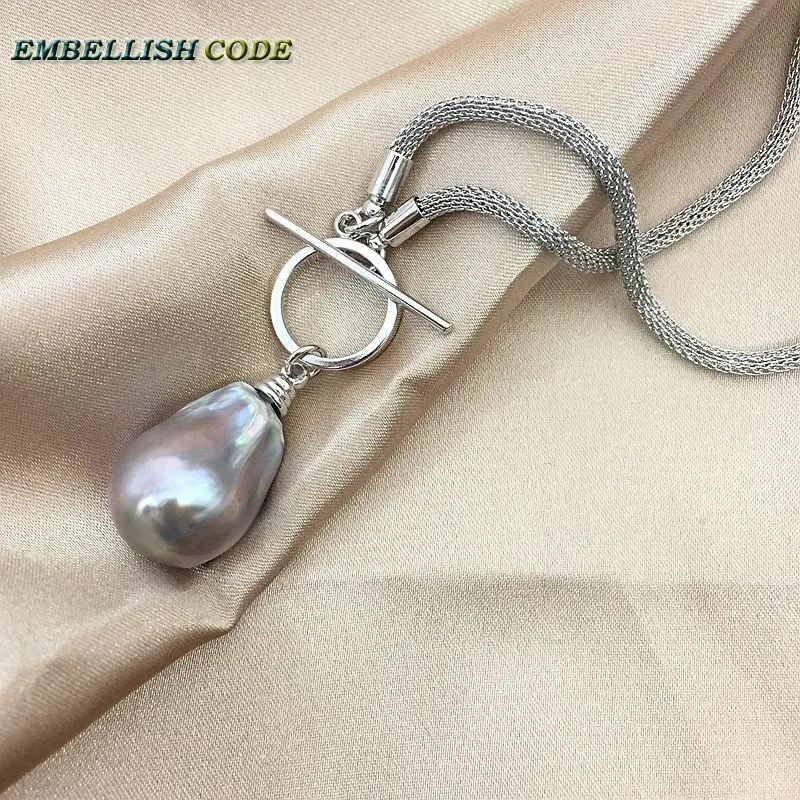 NEW OT circle clasp design gray grey baroque pearl pendant necklace flame ball shape snake Durable chain special