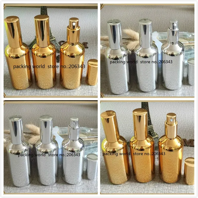 

100ml silver/gold essential oil bottle with mist sprayer/lotion pump sprayer/pump bottle for cosmetic l packaging,glass bottles