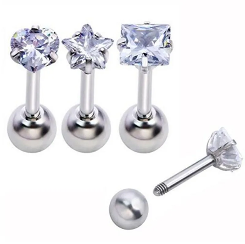 Free Shippment 20PCS Body jewelry-Ear Stud Tragus/Helix Bar/Stud AAACZ Gems Prong set Round/Square/Triangle/Star/Heart All Clear