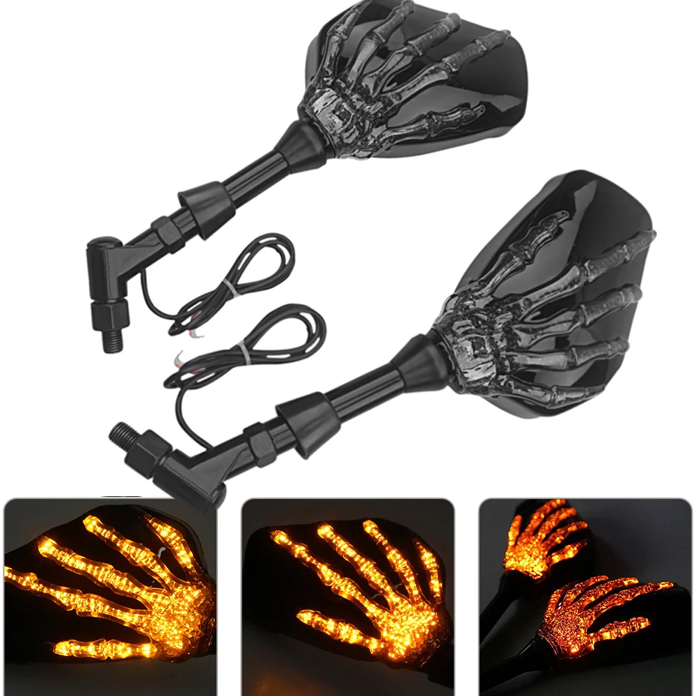 2 X LED Turn Lights Side Mirrors Skull hand Claw Rearview Mirror Motorcycle For Honda Suzuki Kawasaki Ducati Yamaha