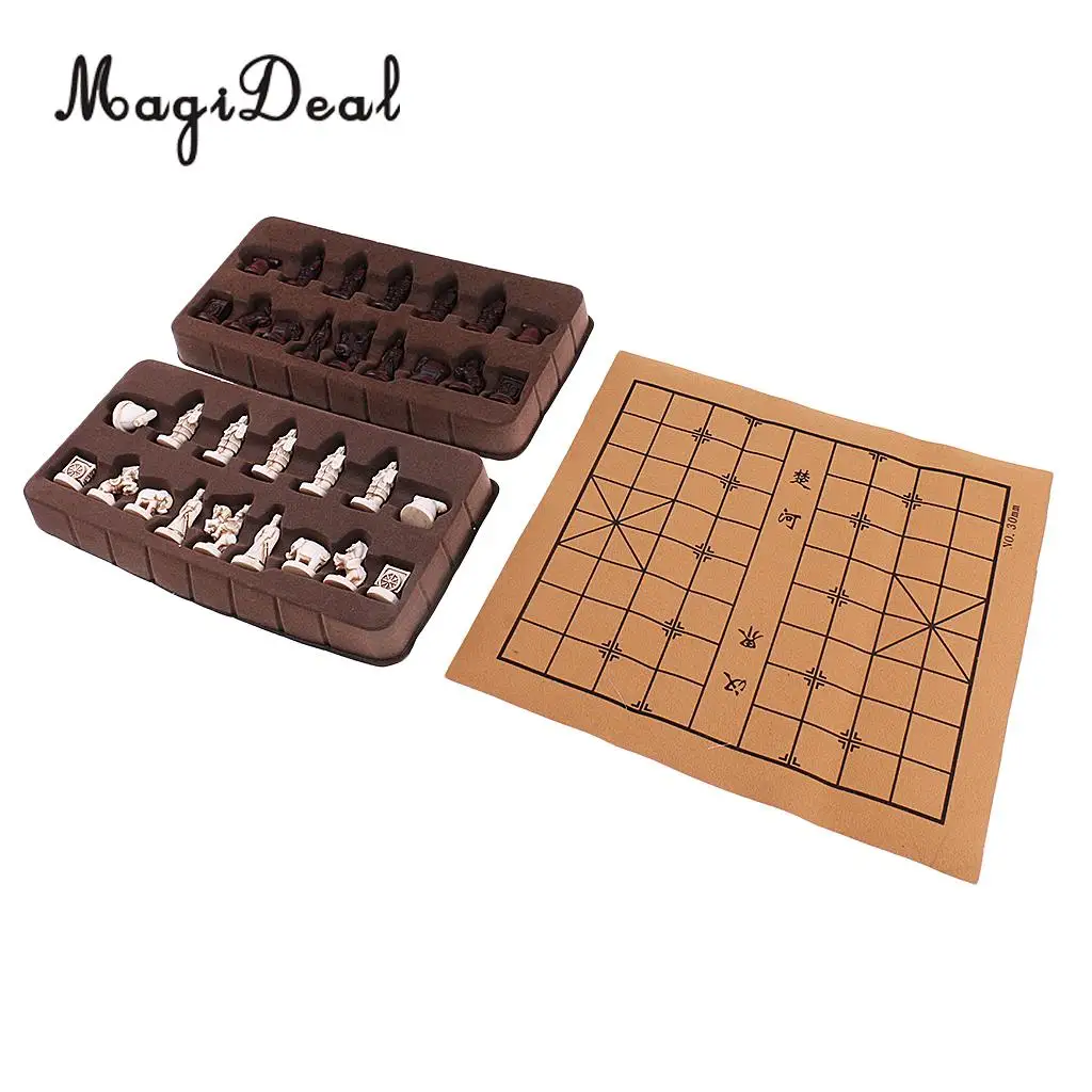 Exquisite Retro Chinese Chess Resin Terracotta Army Pieces XiangQi Board Game for Club Pub Party Travel Collectible Gift