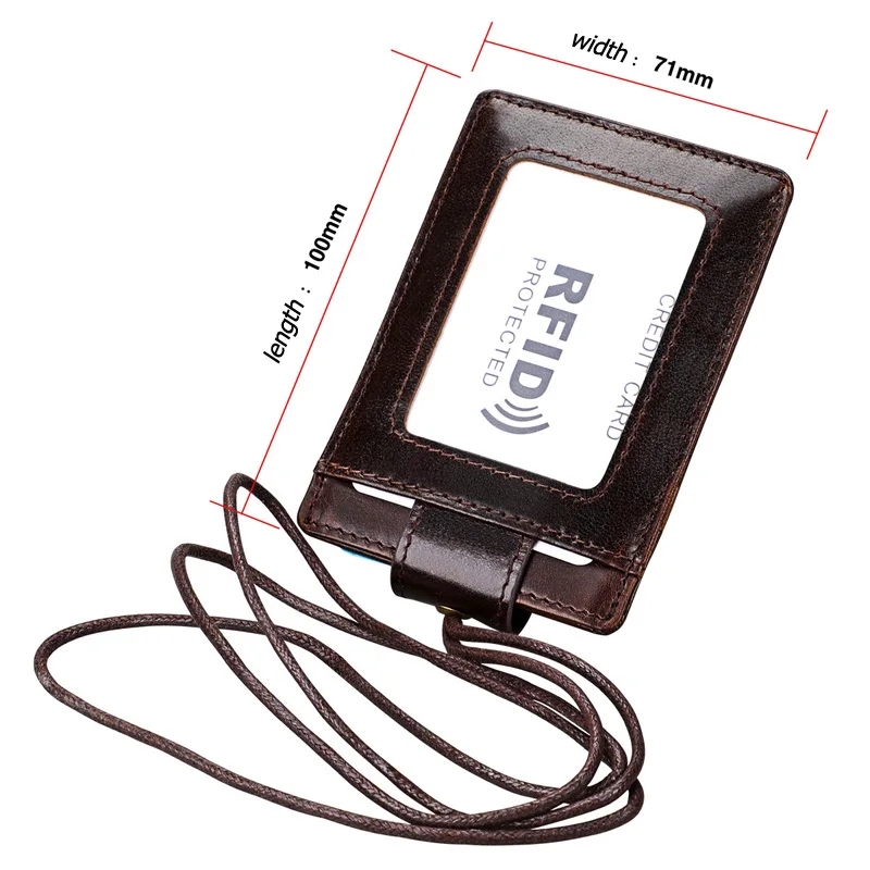 Genuine Leather Id Card Badge Holder with Lanyard RFID Blocking Card Cover for Chest Card Hangtag Work Pass Student Card Holder