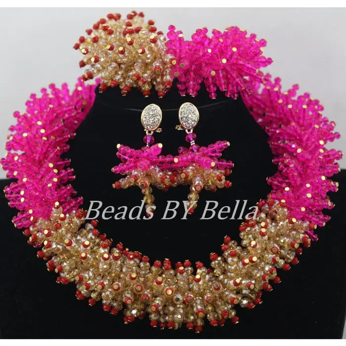 Latest Design African Gold Jewelry Set Nigerian Wedding Jewelry Sets Fuchsia Crystal Choker Necklace Set Free Shipping ABF623