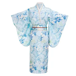Kimono de rayón de seda Yukata tradicional japonesa para mujer, moda azul claro con flor Obi, disfraz de Cosplay Vintage, talla única