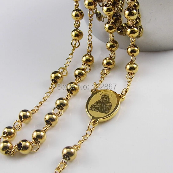 

High Quality Never Fade Gold Stainless Steel Buddhist Rosary Necklace Crucifix Round Beads Chain 28+4.5" Fine Gift Unisex