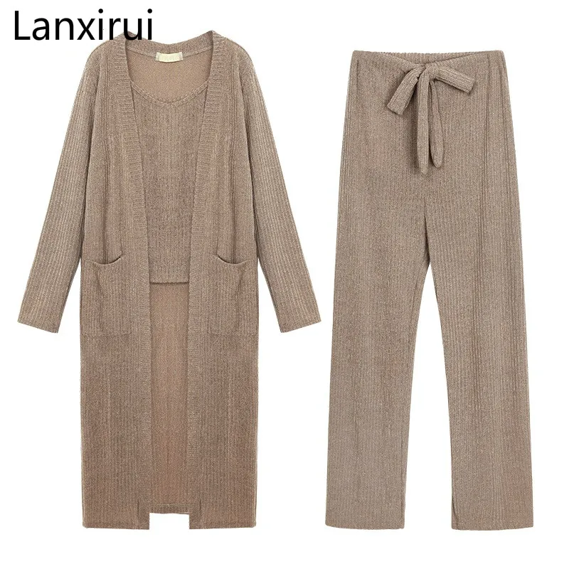 

Casual Tracksuit Women 3 Pieces Set Knitted Pullover Sweaters Tops Deep V-neck Long Sleeve Sweatshirt Pants Women's Sets