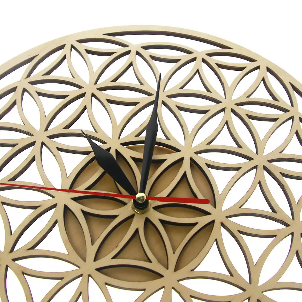 Bloem van Het Leven Kruisen Ringen Geometrische Houten Wandklok Heilige Geometrie Laser Cut Klok Horloge Housewarming Gift Room Decor