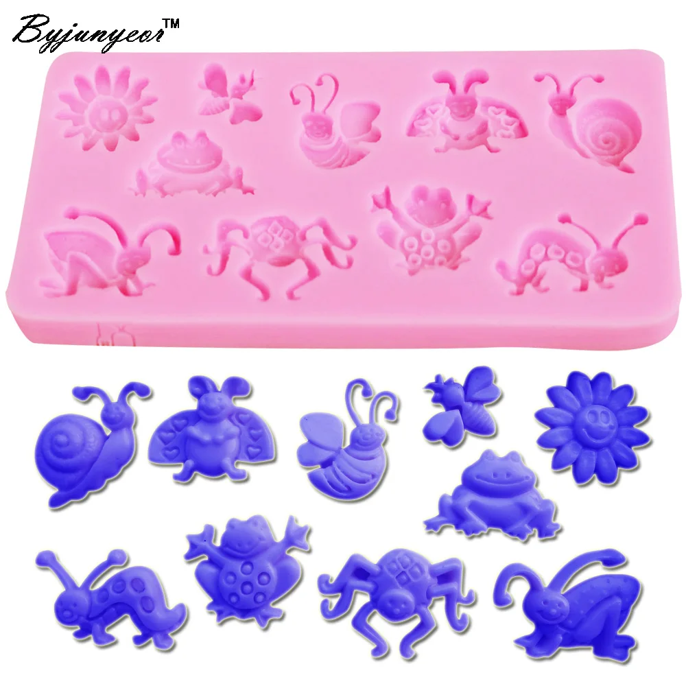 Byjunyeor M078 Beetle Frog Bee Snail Spider Shape Epoxy Silicone Mold Sugarpaste Fondant Chocolate Mould Cake UV Resin Mold