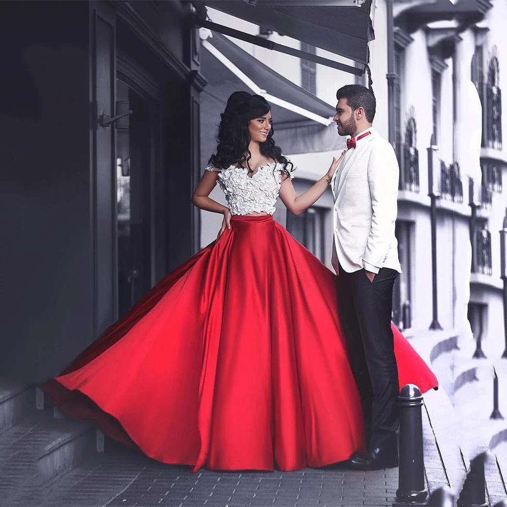 Vestido de fiesta de satén rojo y marfil, conjunto de dos piezas con apliques, Mangas de casquillo, top, novia