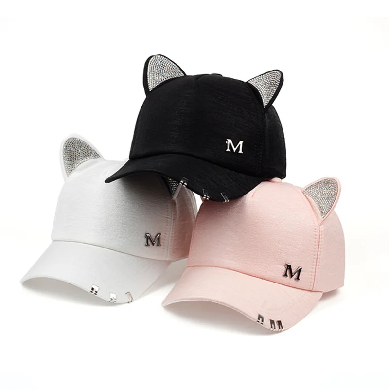 2019 new meow Women\'s Summer fall black white Pink hat Cat ears Cat Baseball cap with rings and lace cute girl hat