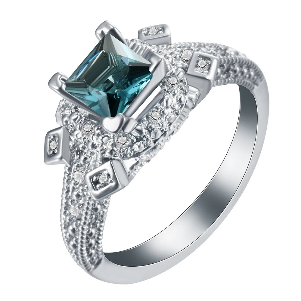 Hainon Fashion Silver Color Rings For Women Jewelry Luxury Blue Square Bridal Wedding Engagement Ring Bijoux